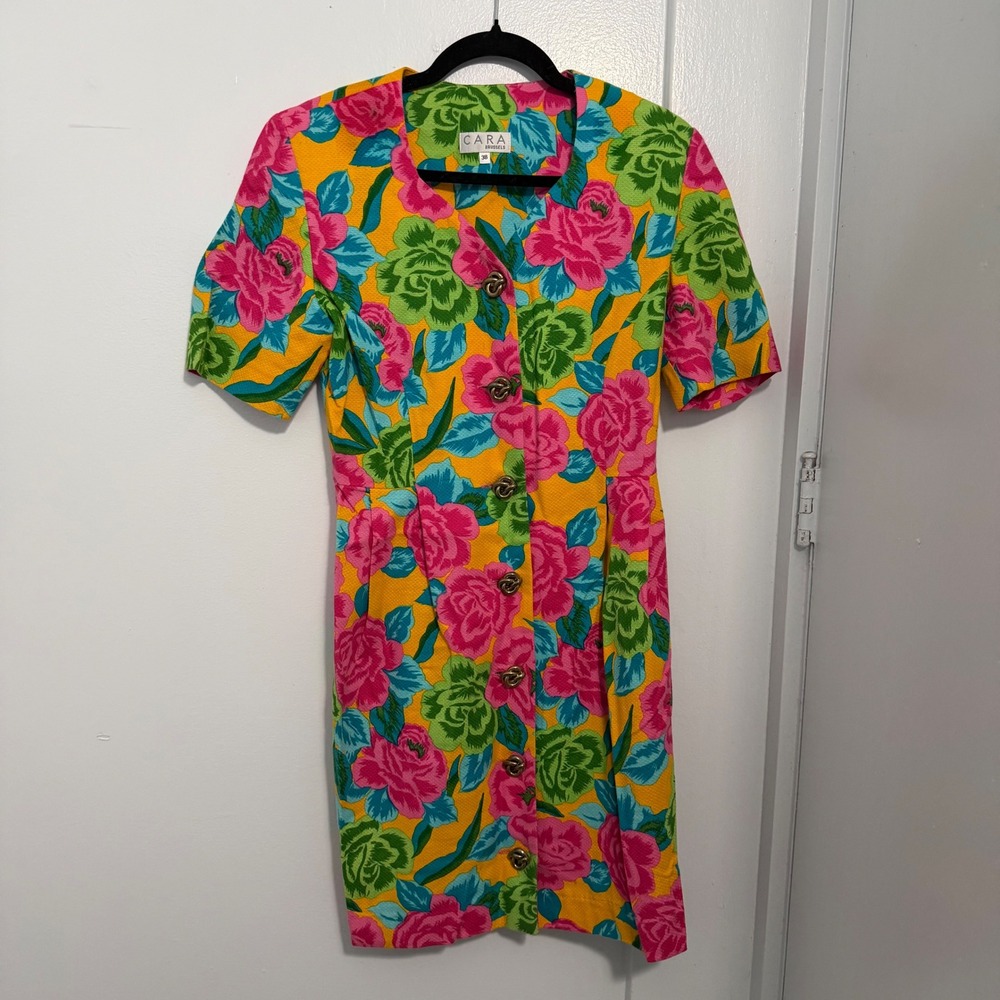 Vintage 80's Cara Brussels Hawaiian Floral Retro Midi Dress Size 38 (L) - Picture 4 of 6